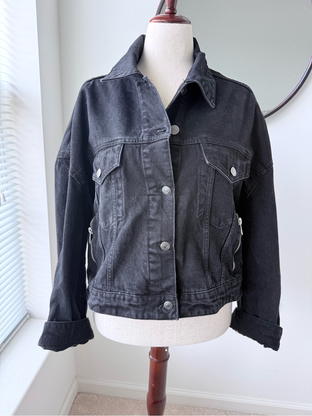 Zara Washed Black Denim Jean Jacket with Silver Zippers